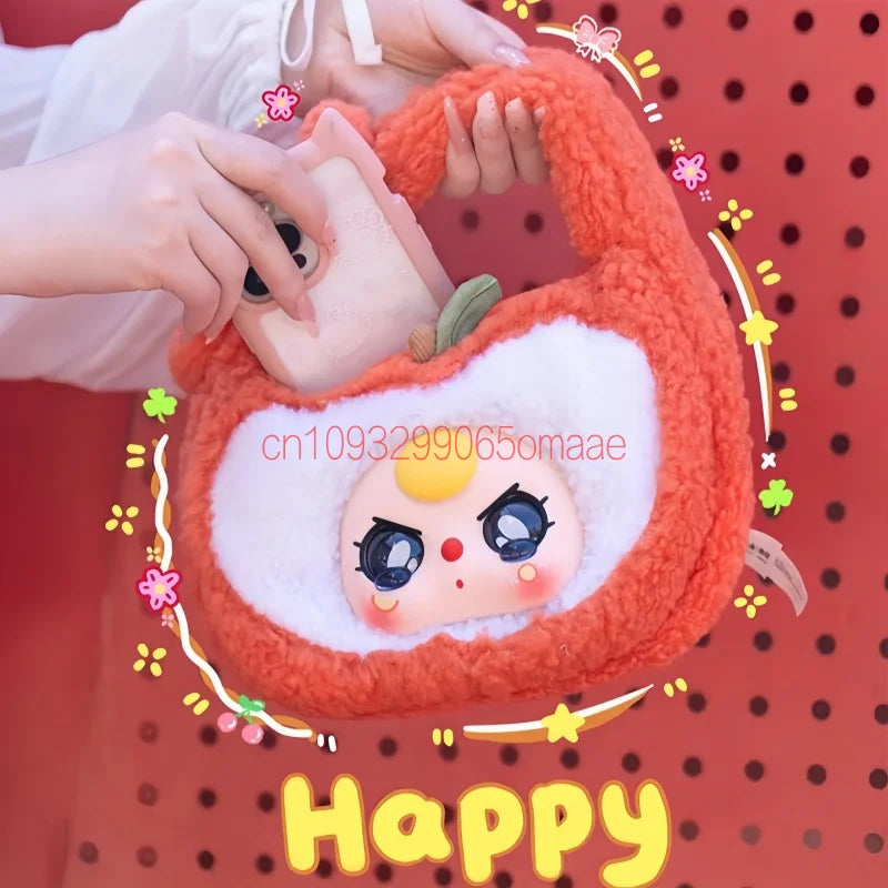 New Baby Three fruit-themed plush handbag blind box by HSF, kawaii vinyl collectible decor with storage bag