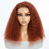 Natural black 14-inch kinky straight bob side part human hair wig with natural hairline, reddish brown color, glueless lace cap from HSF Marketplace
