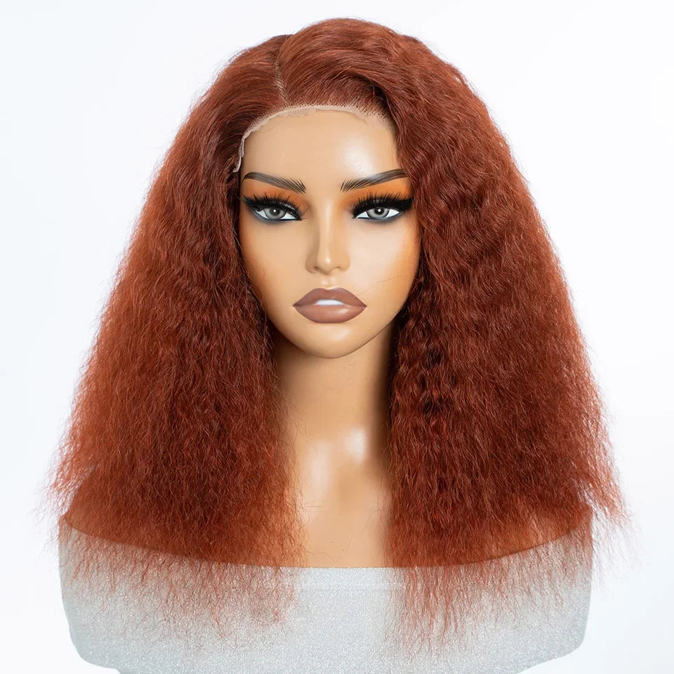 Natural black 14-inch kinky straight bob side part human hair wig with natural hairline, reddish brown color, glueless lace cap from HSF Marketplace