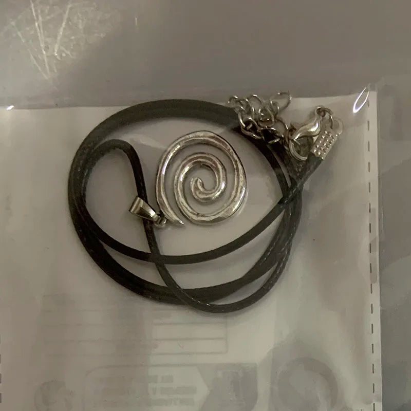 Vintage spiral vortex pendant necklace with hand-woven leather rope, boho goth jewelry for women, fashion 2026 Y2K style