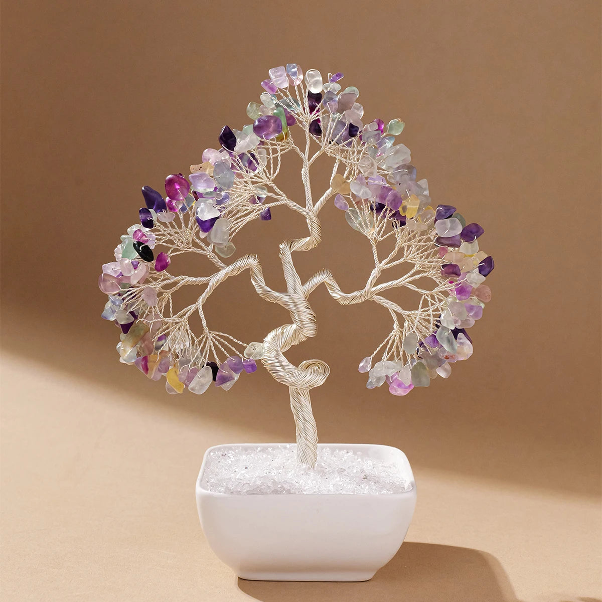 1pc Natural Crystal Tree with Chakra Stones: Money Tree on White Ceramic Bowl, Copper Wire Design for Feng Shui & Yoga Home Deco