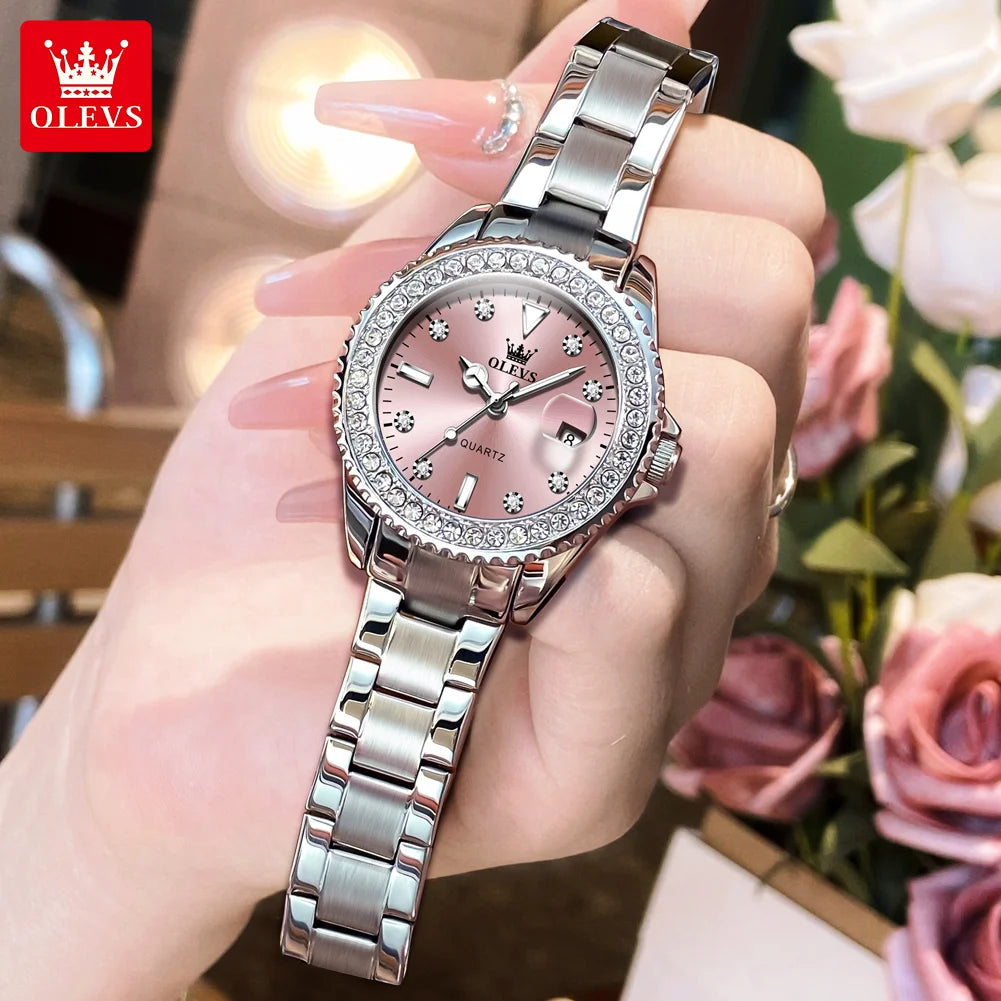 OLEVS 9945 Luxury Women Original Quartz Movement Watch Diamond Scale Stainless Steel Bracelet Luminous Function 30M Waterproof Watch