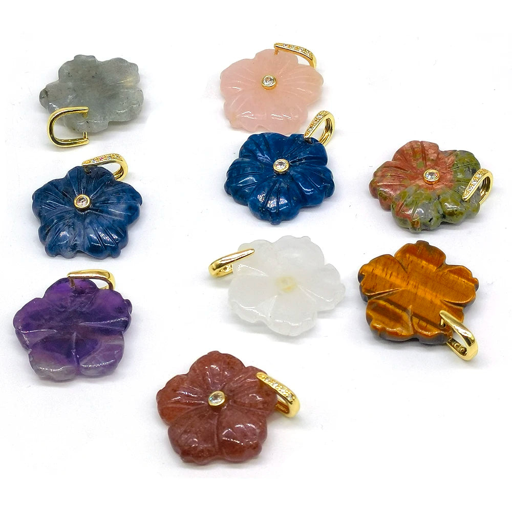 26mm Flower Shape Carved Natural Crystal Stones Amethyst Rose Quartz Tiger Eye Gemstone for Diy Necklace Pendant