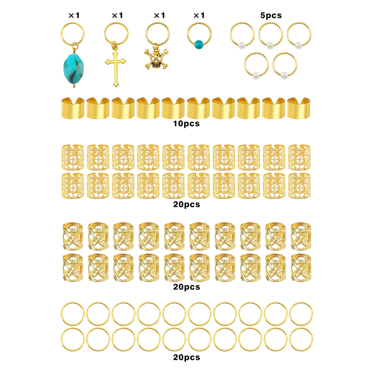 79-piece gold hair jewelry clips for dreadlocks and braids by HSF Marketplace, arranged for hair styling