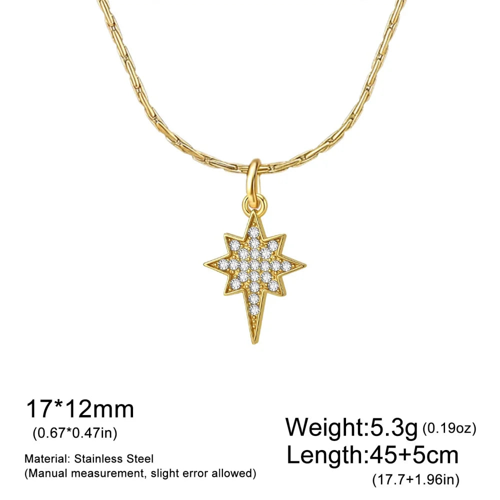 Gold stainless steel North Star pendant necklace for women with zircon accents, waterproof jewelry, eight-pointed star design.