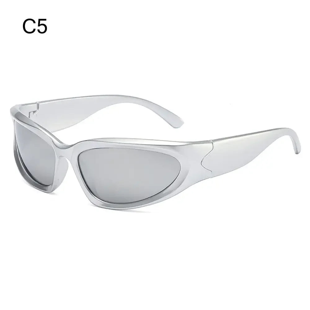 Y2K rimless punk sunglasses by HSF Marketplace featuring wrap-around design, luxury brand style, suitable for women and men.