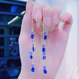 Green zircon drop earrings with long tassel rhinestone accents, Korean fashion style for women by HSF Marketplace