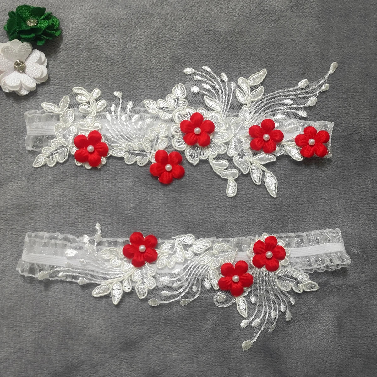 2-piece embroidered bridal thigh garter set with pearl flower detail and elastic leg loops by HSF Marketplace