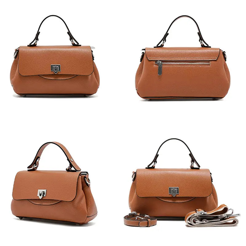 Luxury genuine leather women's crossbody bag in brown with adjustable strap and compact design