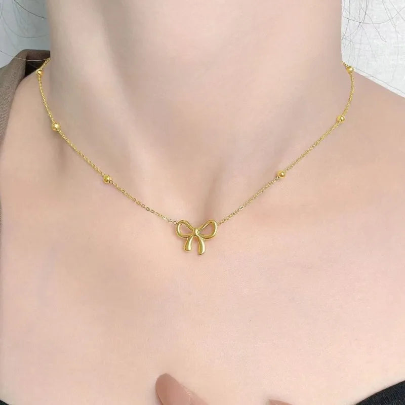 316L Stainless Steel Bowknot Pendant Necklace for Women Trendy Beads Choker Chain Necklace Party Jewelry Accessories