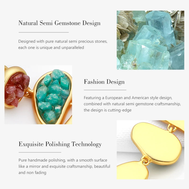 IVOG luxury asymmetric color stone drop earrings with irregular natural semi-precious stones and brass accents