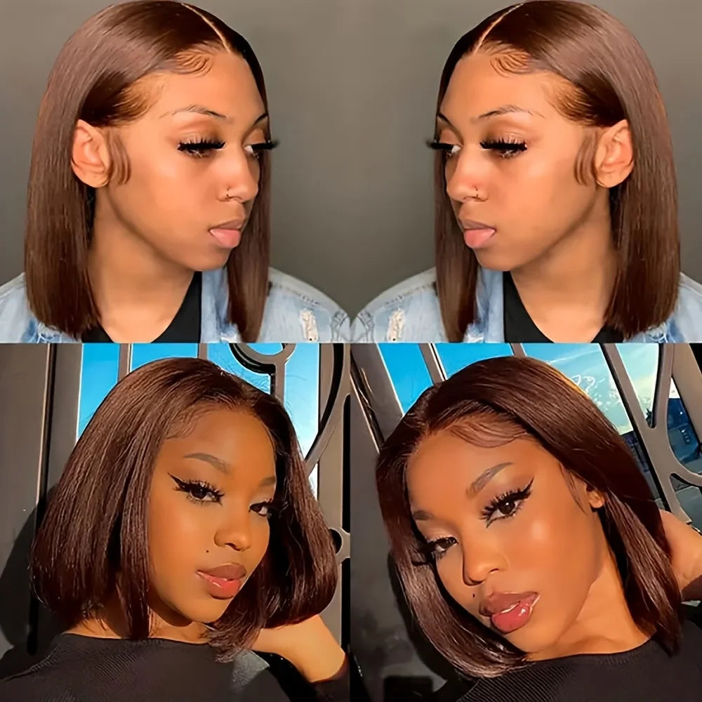 #4 brown 13x4 straight bob wig, real human hair with pre-plucked transparent lace frontal by HSF Marketplace