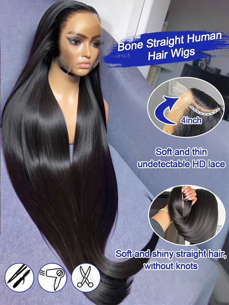 Luxurious Silky Long Straight Glueless Full Lace Front Human Hair Wigs For Women Brazilian Raw Virgin 13x4 13x6 Transparent Lace Frontal Wig 40 42 Inch 300 Density Ultra Smooth Straight Pre Plucked Hairline With Natural Baby