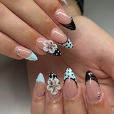 24-piece almond shape false nails with brown stripes and pink flowers, full-cover acrylic nail tips