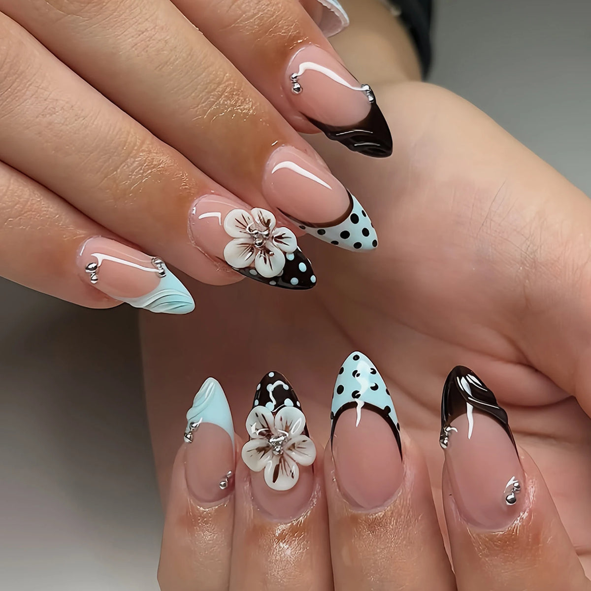 24-piece almond shape false nails with brown stripes and pink flowers, full-cover acrylic nail tips
