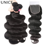 UNice Hair Body Wave Human Hair Bundles 2/3/4 PCS With 1PC Free Part 4x4 Lace Closure or 13x4 Lace Frontal