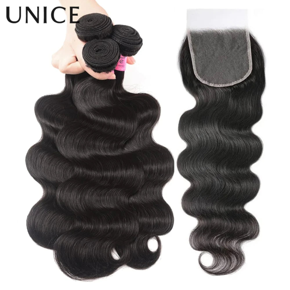 UNice Hair Body Wave Human Hair Bundles 2/3/4 PCS With 1PC Free Part 4x4 Lace Closure or 13x4 Lace Frontal