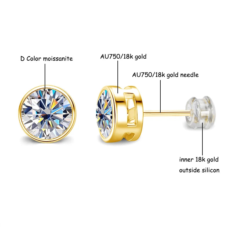 18K gold moissanite diamond stud earrings for women, elegant round-cut jewelry pair