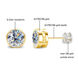 18K gold moissanite diamond stud earrings for women, elegant round-cut jewelry pair