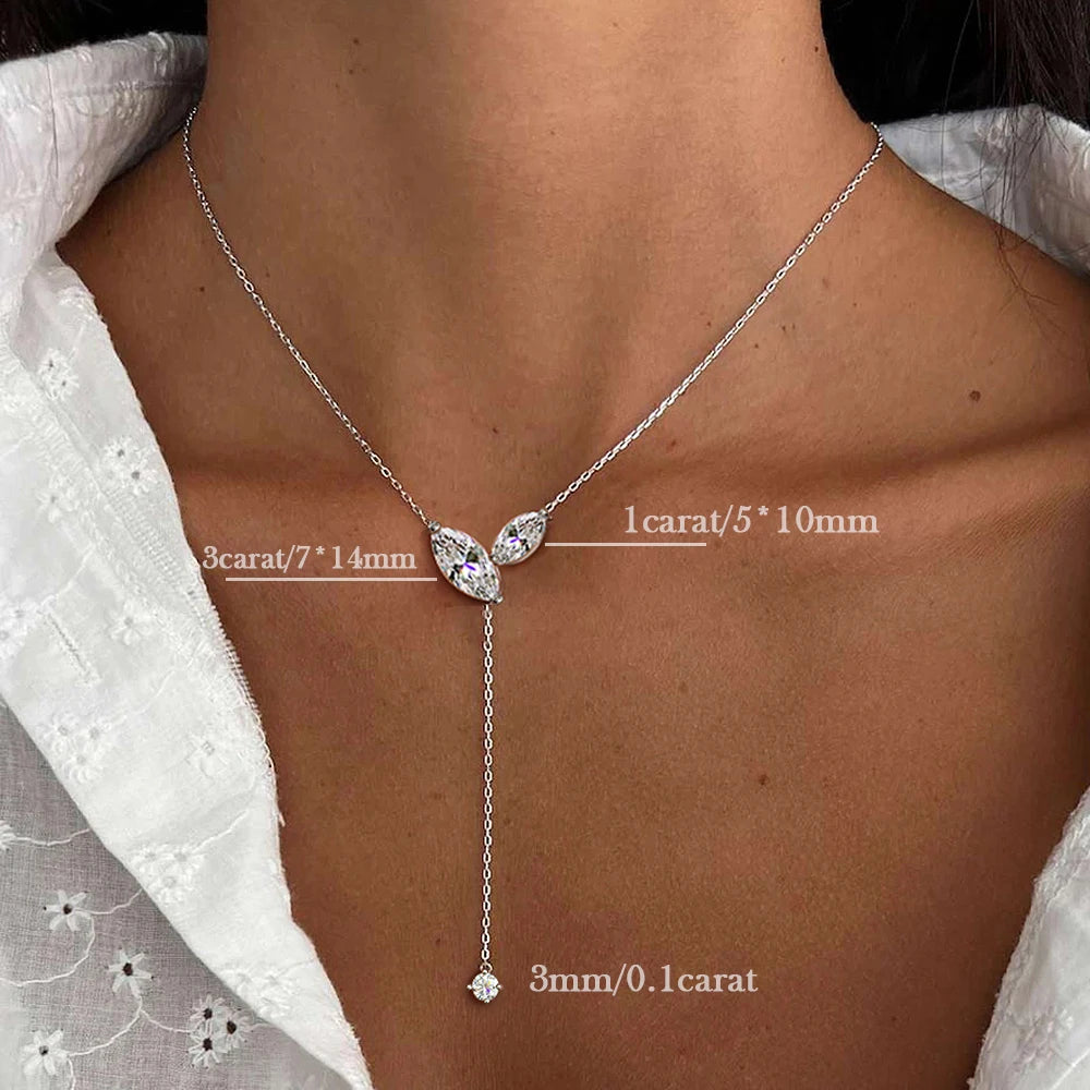 Marquise cut moissanite lariat pendant necklace in S925 silver with lab diamond accents, long Y-style tassel chain for women