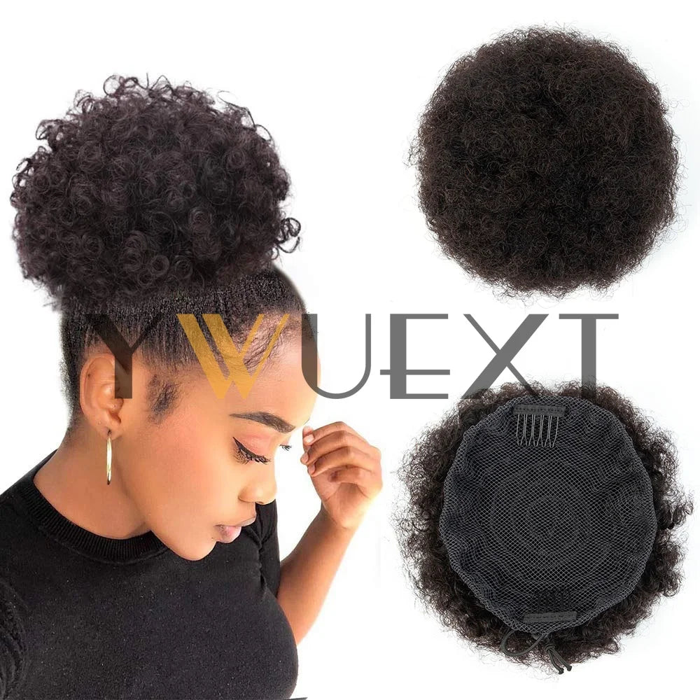 Afro puff ponytail, 4-6 inch human hair kinky curly drawstring bun hairpiece with clip-on attachment
