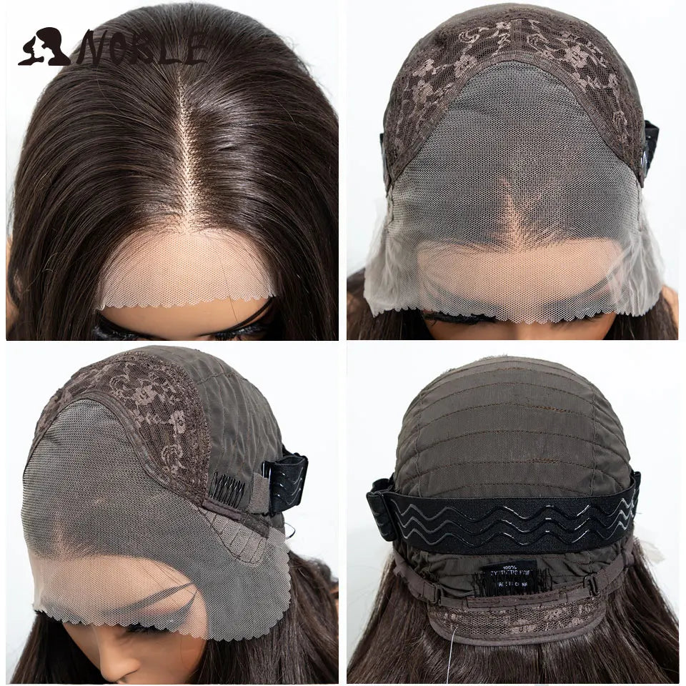NOBLE 13x4 Synthetic Lace Front Wig 30 Inch Dark Brown Layered Fluffy Wavy Wig Pre Plucked Hairline Heat Resistant Wig For Wome