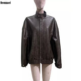 Women's distressed brown PU leather coat by HSF Marketplace, front view
