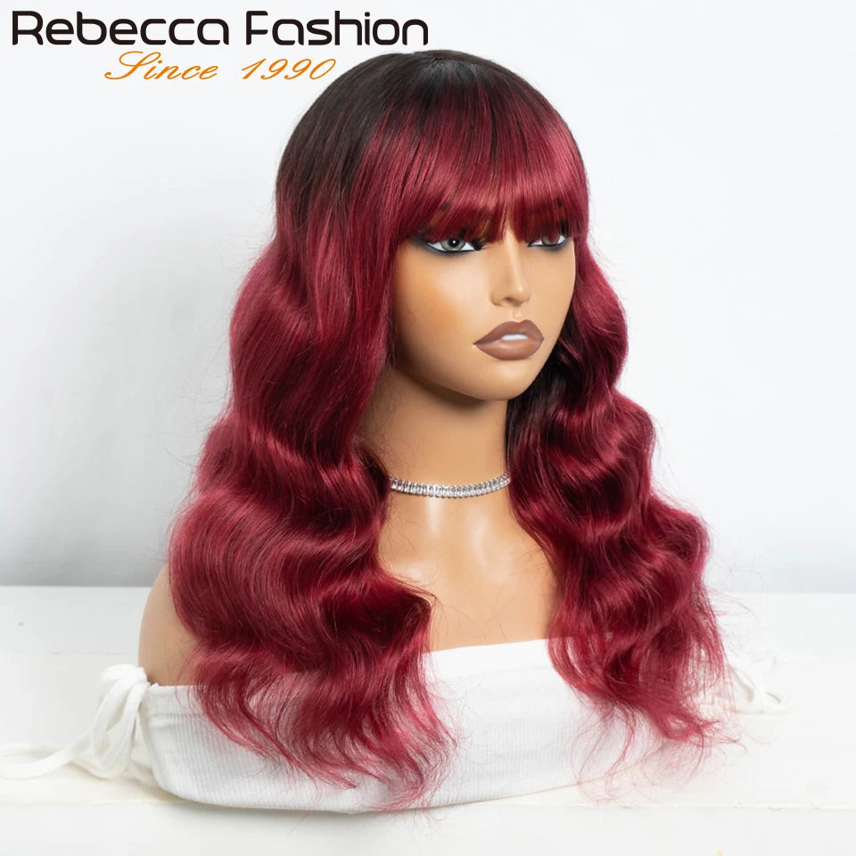 Blue body wave human hair wig with bangs, full machine-made, Brazilian 180D hair, styled for women and cosplay looks.