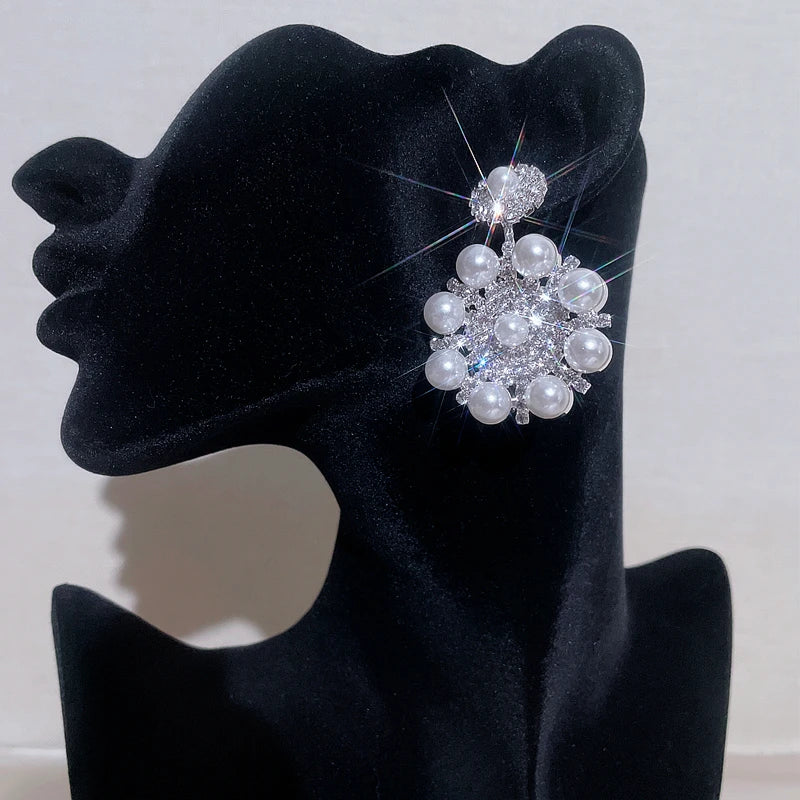 Korean oversized pearl drop earrings with rhinestone flowers for women, HSF Marketplace jewelry