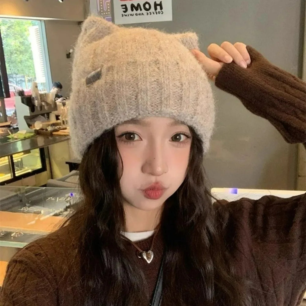 Women's cat ear knitted beanie, warm wool winter hat in Korean style by HSF Marketplace