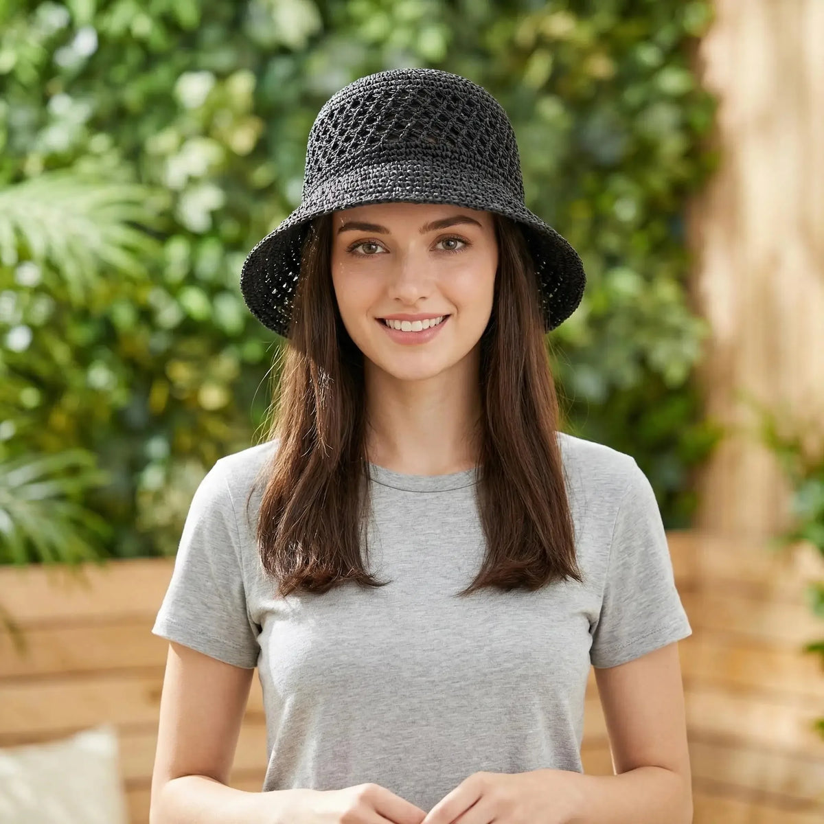 Women's Korean straw visor bucket hat, summer fisherman style with open crown and wide brim