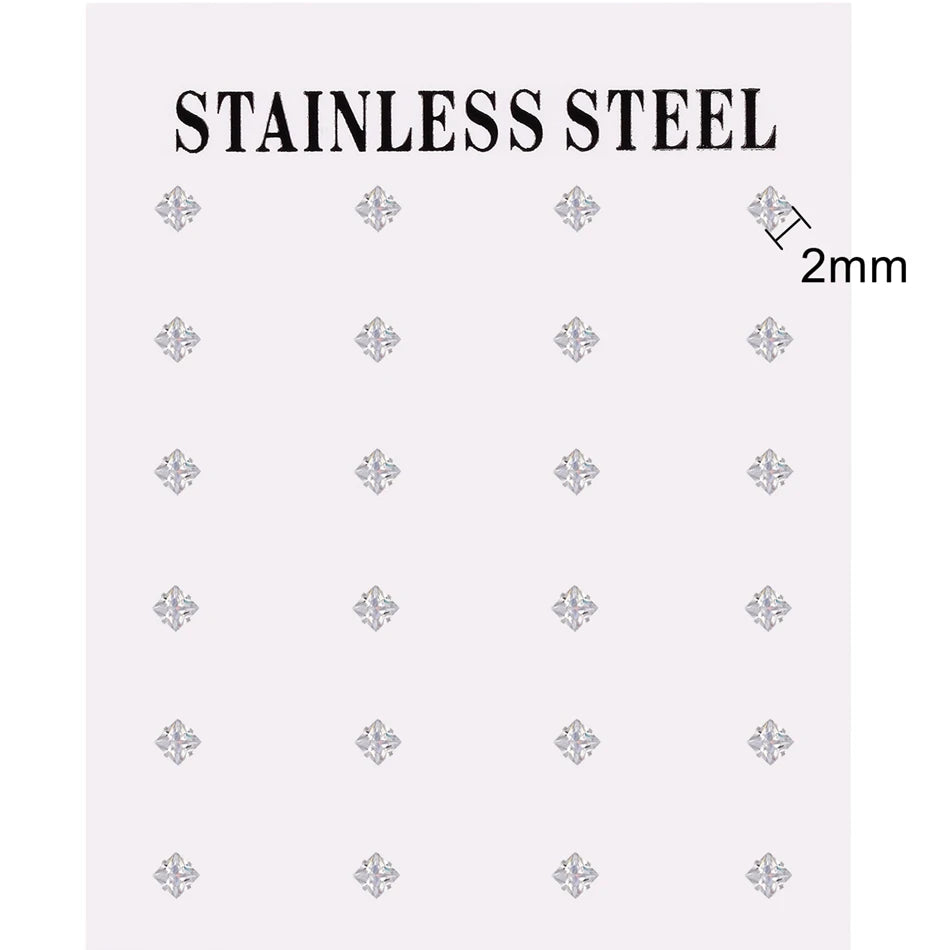 12-pair white crystal stud earrings set with round and square zircons, golden stainless steel jewelry by HSF Marketplace