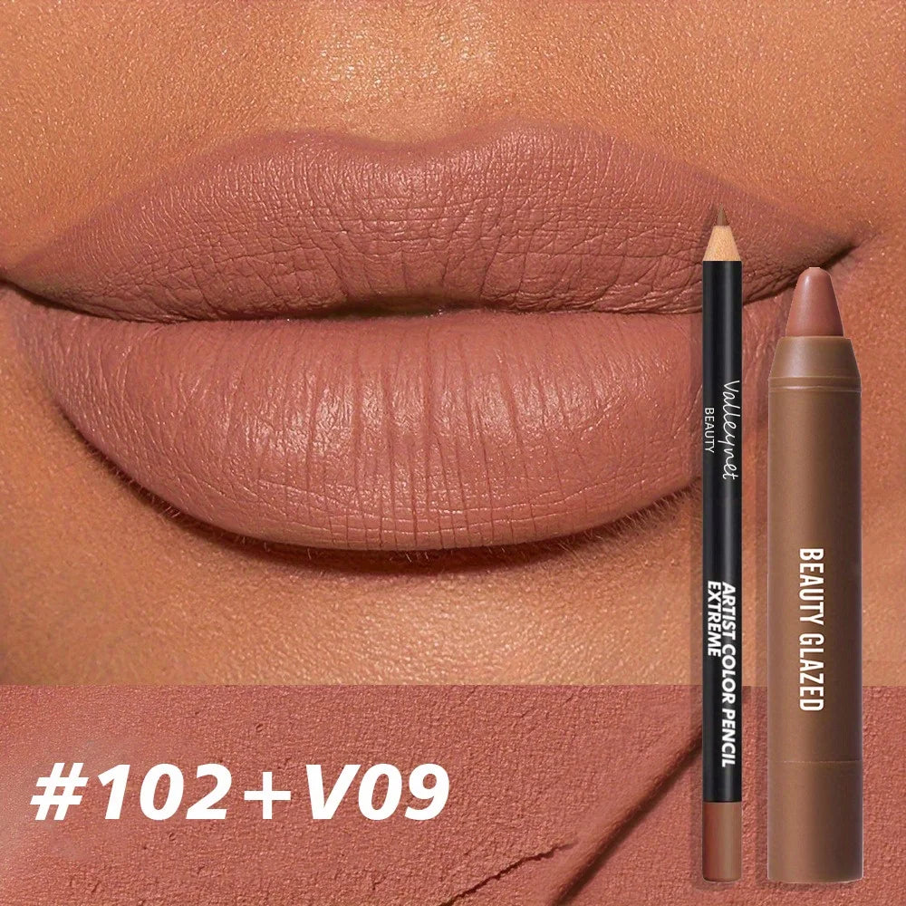 Set of 2 velvet lip liner and matte lipstick combo in pink, brown, and red shades for natural, long-lasting lip makeup.