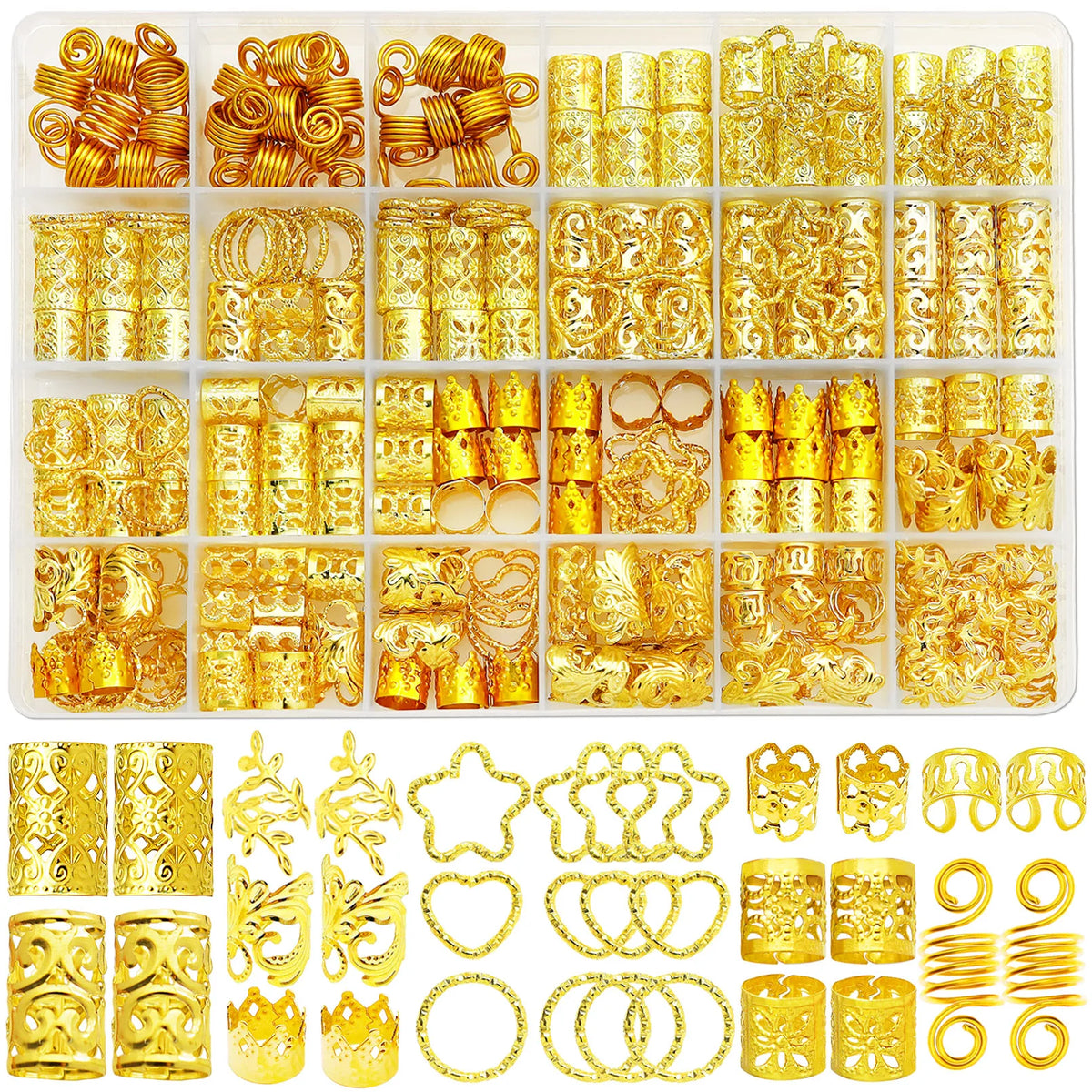 260Pcs/box Gold Silver Hair Beads Jewelry Braid Accessories Hair Clips Dreadlocks Braiding Braid Cuffs Metal Hair Rings Charms