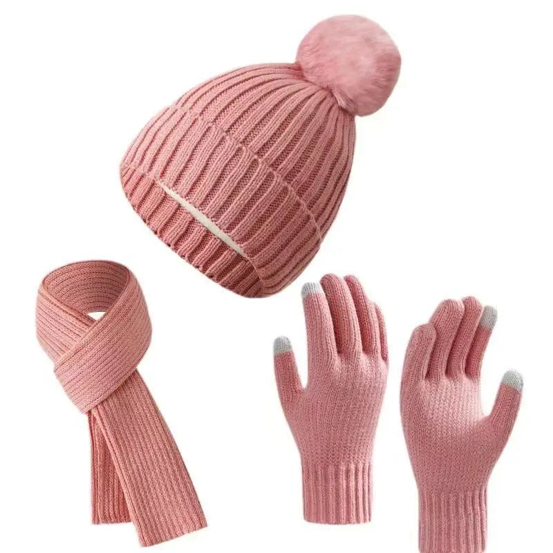 Warm knitted plush winter hats, scarf, and gloves set by HSF Marketplace