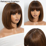 Rebecca human hair wig for women, straight bob style with ombré blonde and brown colors, lace part, real Brazilian hair by HSF Marketplace.