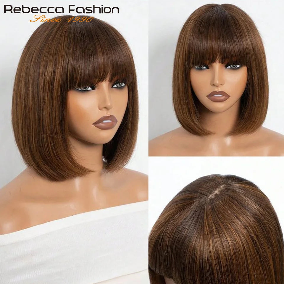 Rebecca human hair wig for women, straight bob style with ombré blonde and brown colors, lace part, real Brazilian hair by HSF Marketplace.