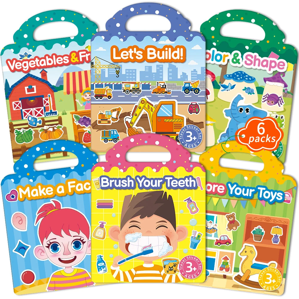 Reusable jelly sticker books for kids, 6-piece multi-scene sticker therapy set with colorful reusable stickers