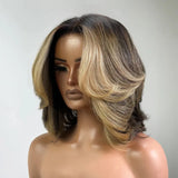 Bob Wig Human Hair Honey Blonde Highlights Layered Wig With Face-Framing Bangs Short 5X5 Hd Lace Closure Wigs For Women 12 Inch