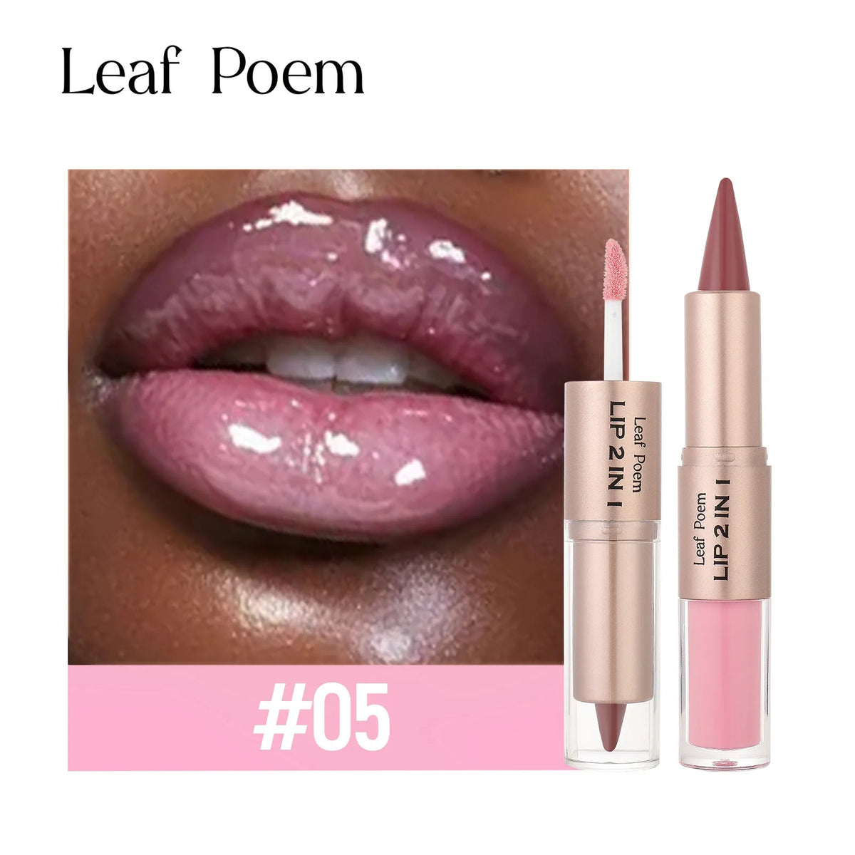 Dark plum pink 2-in-1 lip makeup set with matte lip liner, gloss, mirror, and waterproof contour for a plumping, non-stick finish.