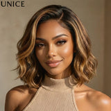 UNice No-Slip 7x5 & 13x4 Lace Brown With Honey Blonde Face-Framing Highlights Wavy Bob With Drawstring 100% Human Hair Glueless Wig Ready To Wear Go