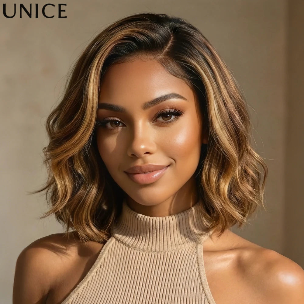 UNice No-Slip 7x5 & 13x4 Lace Brown With Honey Blonde Face-Framing Highlights Wavy Bob With Drawstring 100% Human Hair Glueless Wig Ready To Wear Go