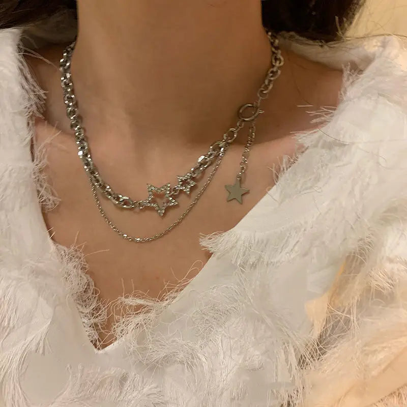 Y2K star zircon pendant necklace for women, sparkling silver-tone jewelry by HSF Marketplace