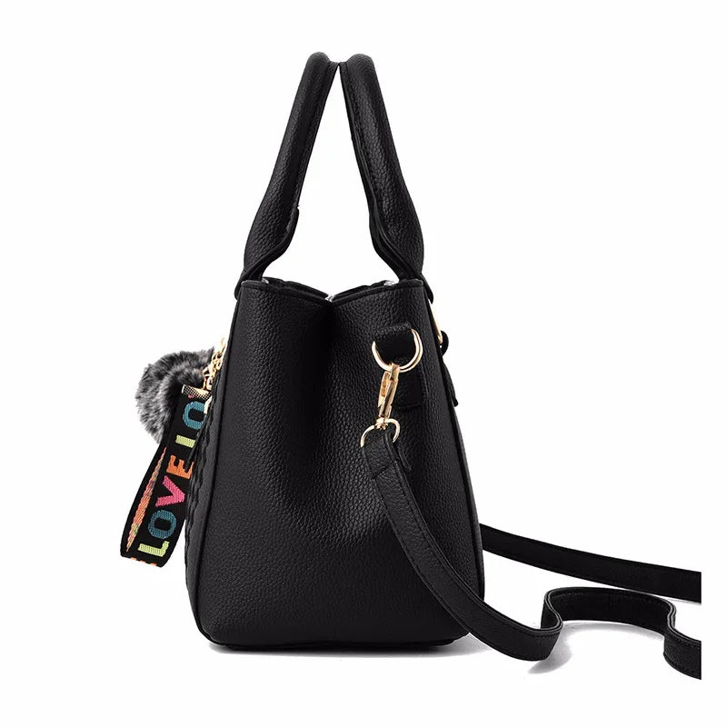 Leather embroidery messenger bag for women, stylish handbag with hairball design, versatile purse for daily use.