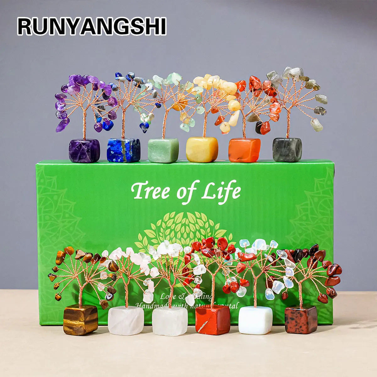 1pc Natural Gemstone Crystal Chakela Lucky Tree With Block Base Home Office Desk Living Room Crystal Decor Mini Sized Home