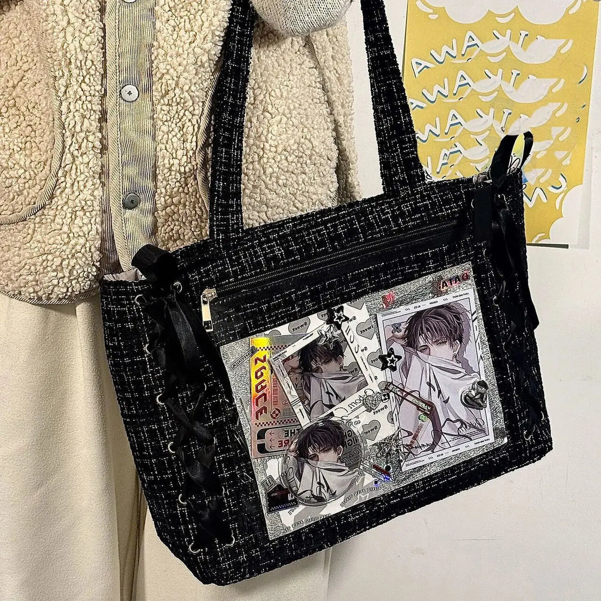 Clear Y2K Japanese Ita Bag by HSF Marketplace featuring a large-capacity, transparent shoulder tote with cute lolita style design.