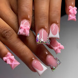 24-piece nude pink short duckbill false nails with leopard French tips, 3D bow, butterfly and cherry accents