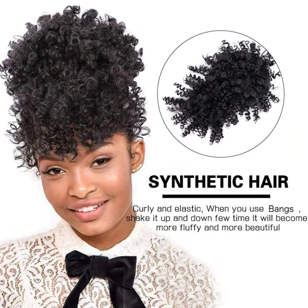 Afro puff drawstring ponytail with bangs, short kinky curly synthetic pineapple updo bun for Black women
