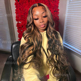 Highlight Body Wave human hair wig with 13x6 HD lace frontal, ombré black, brown, blonde, 30-36 inches, from HSF Marketplace.