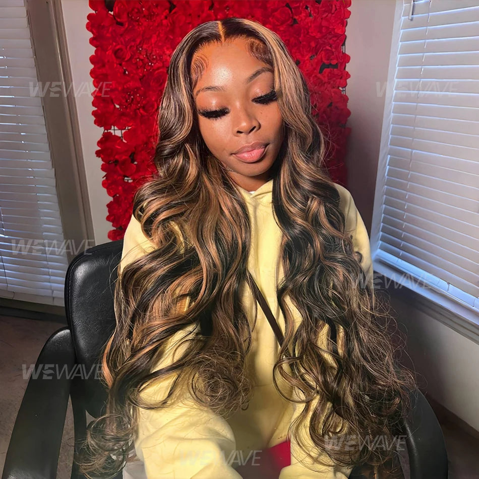 Highlight Body Wave human hair wig with 13x6 HD lace frontal, ombré black, brown, blonde, 30-36 inches, from HSF Marketplace.